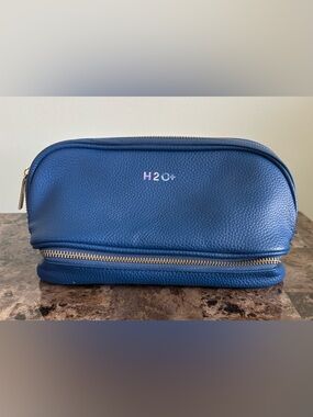H2O+ Blue Pebbled Cosmetic Bag Travel Makeup Case Double Zip Toiletry Pouch